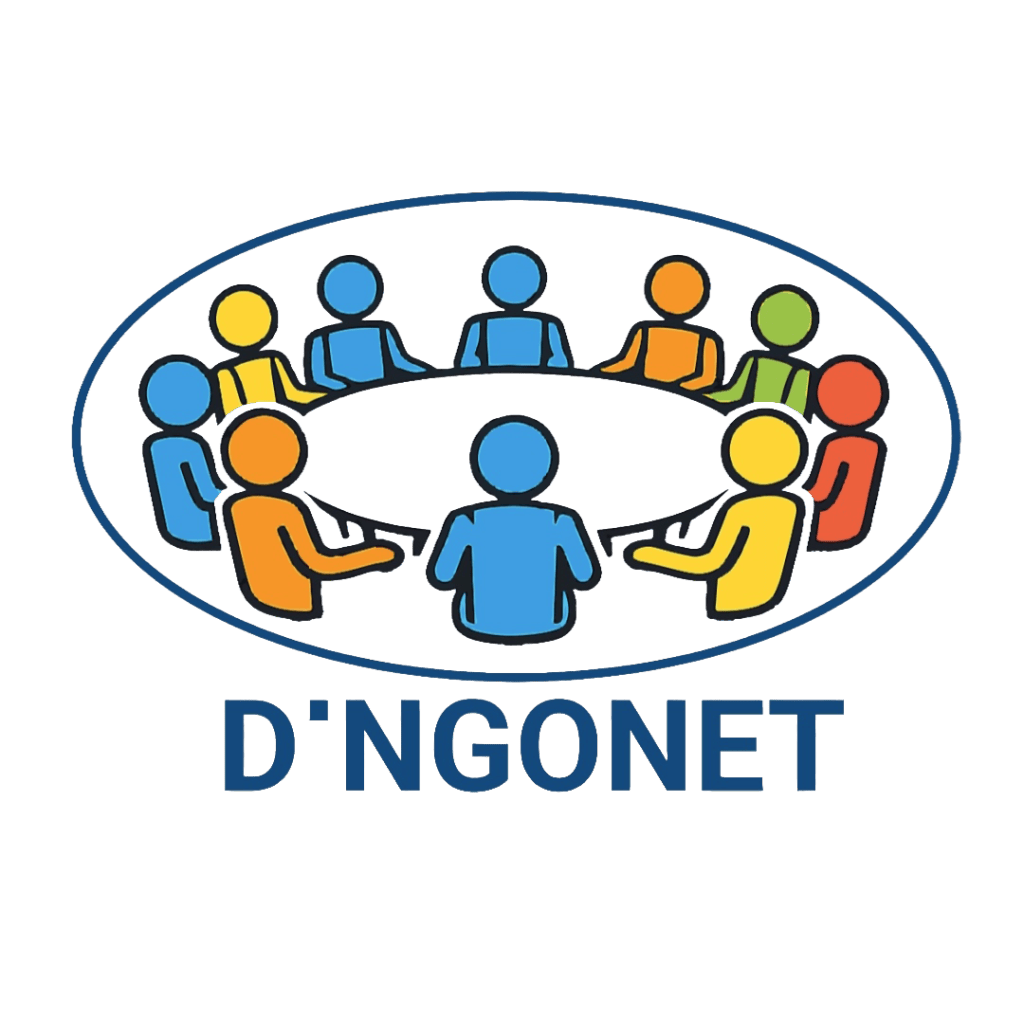 Colorful logo of diverse people seated around a circular table inside a blue oval, with the text D'NGONET below.