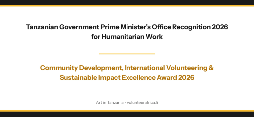 Slide announcing Tanzanian PMO Recognition 2026 for humanitarian work; awards for Community Development and International Volunteering & Sustainable Impact Excellence 2026.