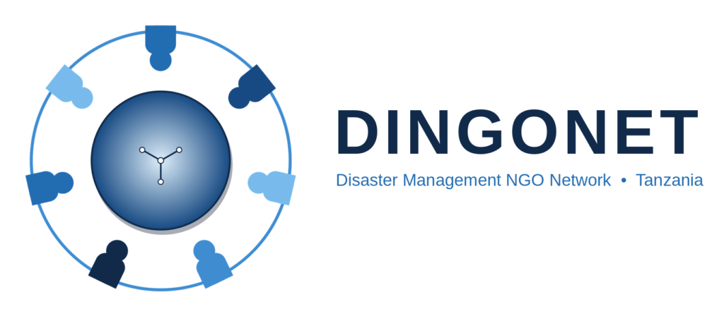 Logo for DINGONET Disaster Management NGO Network Tanzania with a blue gradient globe/clock at center and stylized figures around a circular ring.