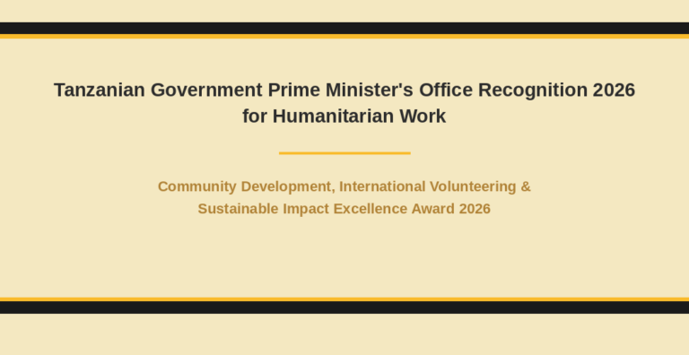 Certificate slide: Tanzanian Government Prime Minister's Office Recognition 2026 for Humanitarian Work, with a gold divider and beige background and a secondary award subtitle.