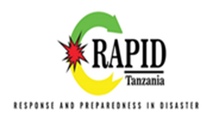 RAPID Tanzania logo with a green and yellow circular arrow, red starburst, and the text 'RAPID Tanzania' with the slogan 'Response and Preparedness in Disaster' beneath.
